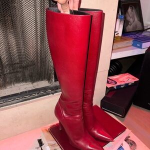 Saint Laurent Vivian 100 Knee High Red Leather Boots Winter 2024